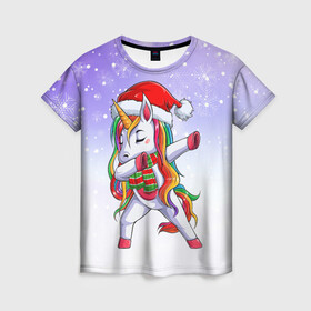 Женская футболка 3D с принтом Xmas Unicorn Dabbing   Рождественский Единорог Даб в Екатеринбурге, 100% полиэфир ( синтетическое хлопкоподобное полотно) | прямой крой, круглый вырез горловины, длина до линии бедер | christmas | dabbing | santa | unicorn | даббинг | дед мороз | единорог | зима | новый год | радуга | радужный | рождество | санта | снег | снежинка | юникорн