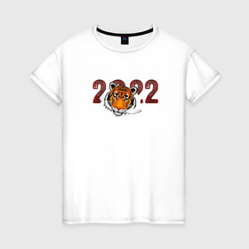 Женская футболка хлопок с принтом Морда тигра 2022 в Екатеринбурге, 100% хлопок | прямой крой, круглый вырез горловины, длина до линии бедер, слегка спущенное плечо | 2022 | год тигра | новый год | новый год 2022 | символ года | тигр | тигренок | тигрица | тигры