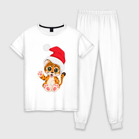 Женская пижама хлопок с принтом Новый год (тигренок) в Екатеринбурге, 100% хлопок | брюки и футболка прямого кроя, без карманов, на брюках мягкая резинка на поясе и по низу штанин | 2022 | год тигра | новогодний тигр | новый год | рождество | символ 2022 года | снежинки | тигр