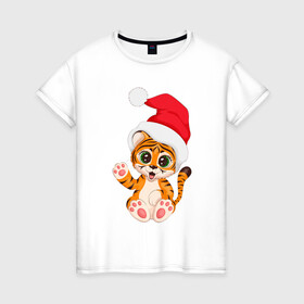 Женская футболка хлопок с принтом Новый год (тигренок) в Екатеринбурге, 100% хлопок | прямой крой, круглый вырез горловины, длина до линии бедер, слегка спущенное плечо | 2022 | год тигра | новогодний тигр | новый год | рождество | символ 2022 года | снежинки | тигр