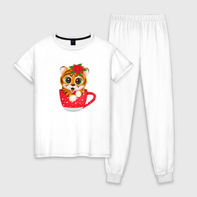 Женская пижама хлопок с принтом НОВЫЙ ГОД (ТИГРЕНОК В БАКАЛЕ) в Екатеринбурге, 100% хлопок | брюки и футболка прямого кроя, без карманов, на брюках мягкая резинка на поясе и по низу штанин | 2022 | год тигра | новогодний тигр | новогодняя символика | новый год | символ 2022 года | снежинки | тигр
