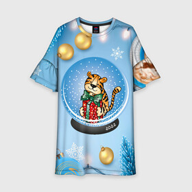 Детское платье 3D с принтом Тигренок в новогоднем шаре в Екатеринбурге, 100% полиэстер | прямой силуэт, чуть расширенный к низу. Круглая горловина, на рукавах — воланы | 2022 | год тигра | новый год | новый год 2022 | символ года | тигр | тигренок | тигрица | тигры