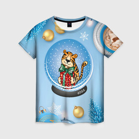 Женская футболка 3D с принтом Тигренок в новогоднем шаре в Екатеринбурге, 100% полиэфир ( синтетическое хлопкоподобное полотно) | прямой крой, круглый вырез горловины, длина до линии бедер | 2022 | год тигра | новый год | новый год 2022 | символ года | тигр | тигренок | тигрица | тигры