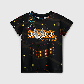 Детская футболка 3D с принтом Ночной новогодний город 2022 год тигра в Екатеринбурге, 100% гипоаллергенный полиэфир | прямой крой, круглый вырез горловины, длина до линии бедер, чуть спущенное плечо, ткань немного тянется | Тематика изображения на принте: 2022 | год тигра | новый год | новый год 2022 | символ года | тигр | тигренок | тигрица | тигры