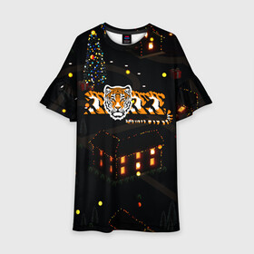Детское платье 3D с принтом Ночной новогодний город 2022 год тигра в Екатеринбурге, 100% полиэстер | прямой силуэт, чуть расширенный к низу. Круглая горловина, на рукавах — воланы | 2022 | год тигра | новый год | новый год 2022 | символ года | тигр | тигренок | тигрица | тигры