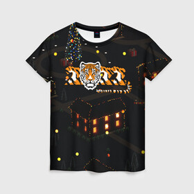 Женская футболка 3D с принтом Ночной новогодний город 2022 год тигра в Екатеринбурге, 100% полиэфир ( синтетическое хлопкоподобное полотно) | прямой крой, круглый вырез горловины, длина до линии бедер | 2022 | год тигра | новый год | новый год 2022 | символ года | тигр | тигренок | тигрица | тигры