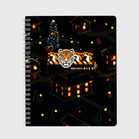 Тетрадь с принтом Ночной новогодний город 2022 год тигра в Екатеринбурге, 100% бумага | 48 листов, плотность листов — 60 г/м2, плотность картонной обложки — 250 г/м2. Листы скреплены сбоку удобной пружинной спиралью. Уголки страниц и обложки скругленные. Цвет линий — светло-серый
 | 2022 | год тигра | новый год | новый год 2022 | символ года | тигр | тигренок | тигрица | тигры