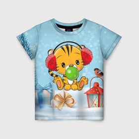 Детская футболка 3D с принтом Тигренок жует жвачку в Екатеринбурге, 100% гипоаллергенный полиэфир | прямой крой, круглый вырез горловины, длина до линии бедер, чуть спущенное плечо, ткань немного тянется | 2022 | год тигра | новый год | новый год 2022 | символ года | тигр | тигренок | тигрица | тигры