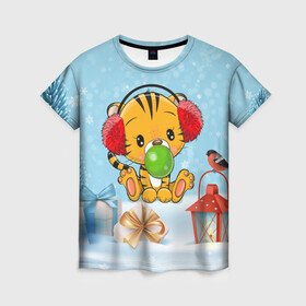 Женская футболка 3D с принтом Тигренок жует жвачку в Екатеринбурге, 100% полиэфир ( синтетическое хлопкоподобное полотно) | прямой крой, круглый вырез горловины, длина до линии бедер | 2022 | год тигра | новый год | новый год 2022 | символ года | тигр | тигренок | тигрица | тигры