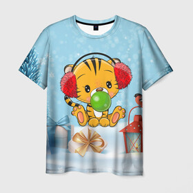 Мужская футболка 3D с принтом Тигренок жует жвачку в Екатеринбурге, 100% полиэфир | прямой крой, круглый вырез горловины, длина до линии бедер | Тематика изображения на принте: 2022 | год тигра | новый год | новый год 2022 | символ года | тигр | тигренок | тигрица | тигры