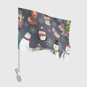 Флаг для автомобиля с принтом НОВОГОДНИЙ ПАТТЕРН ЖИВОТНЫЕ в Екатеринбурге, 100% полиэстер | Размер: 30*21 см | животные | зима | лес | новый год | олени | праздник | рождество | снег | снеговик | снежинки | сова