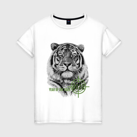 Женская футболка хлопок с принтом Год белого тигра 2022 в Екатеринбурге, 100% хлопок | прямой крой, круглый вырез горловины, длина до линии бедер, слегка спущенное плечо | 2022 | tiger | year of the tiger | белый тигр | год 2022 | год под прицелом | год тигра | новогодний тигр | новый год | тигр
