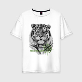 Женская футболка хлопок Oversize с принтом Год белого тигра 2022 в Екатеринбурге, 100% хлопок | свободный крой, круглый ворот, спущенный рукав, длина до линии бедер
 | 2022 | tiger | year of the tiger | белый тигр | год 2022 | год под прицелом | год тигра | новогодний тигр | новый год | тигр
