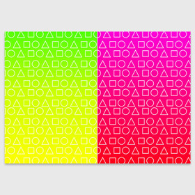 Поздравительная открытка с принтом Игра в кальмара (розовый+желтый) в Екатеринбурге, 100% бумага | плотность бумаги 280 г/м2, матовая, на обратной стороне линовка и место для марки
 | Тематика изображения на принте: frankenstein dress | гра в кальмара | желтый | зеленый | игра | кальмар | квадрат | квадратик | красный | круг | кружок | половинчатый | розовый | треугольник | треугольничек