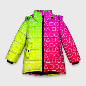Зимняя куртка для девочек 3D с принтом Игра в кальмара (розовый+желтый) в Екатеринбурге, ткань верха — 100% полиэстер; подклад — 100% полиэстер, утеплитель — 100% полиэстер. | длина ниже бедра, удлиненная спинка, воротник стойка и отстегивающийся капюшон. Есть боковые карманы с листочкой на кнопках, утяжки по низу изделия и внутренний карман на молнии. 

Предусмотрены светоотражающий принт на спинке, радужный светоотражающий элемент на пуллере молнии и на резинке для утяжки. | Тематика изображения на принте: frankenstein dress | гра в кальмара | желтый | зеленый | игра | кальмар | квадрат | квадратик | красный | круг | кружок | половинчатый | розовый | треугольник | треугольничек