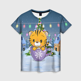 Женская футболка 3D с принтом Тигренок 2022 в кружке в Екатеринбурге, 100% полиэфир ( синтетическое хлопкоподобное полотно) | прямой крой, круглый вырез горловины, длина до линии бедер | 2022 | год тигра | новый год | новый год 2022 | символ года | тигр | тигренок | тигрица | тигры