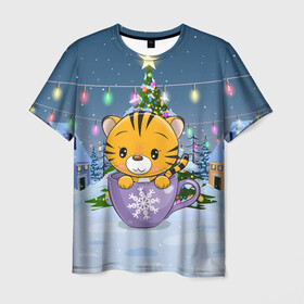 Мужская футболка 3D с принтом Тигренок 2022 в кружке в Екатеринбурге, 100% полиэфир | прямой крой, круглый вырез горловины, длина до линии бедер | 2022 | год тигра | новый год | новый год 2022 | символ года | тигр | тигренок | тигрица | тигры
