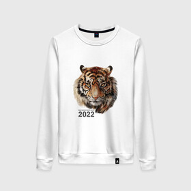 Женский свитшот хлопок с принтом Тигр 2022 символ в Екатеринбурге, 100% хлопок | прямой крой, круглый вырез, на манжетах и по низу широкая трикотажная резинка  | амурский тигр | год 2022 | кошка | новый год | символ 2022 | тигр | тигр 2022