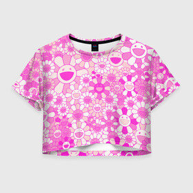 Женская футболка Crop-top 3D с принтом MURAKAMI PINK МУРАКАМИ РОЗОВЫЙ в Екатеринбурге, 100% полиэстер | круглая горловина, длина футболки до линии талии, рукава с отворотами | cute flowers | flower superflat | flowers | murakami | pop art | superflat | takashi murakami | милые цветочки | мураками | ромашки | такаси мураками | такаши мураками | цветочки | цветы