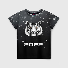 Детская футболка 3D с принтом Новогодний тигр символ 2022. в Екатеринбурге, 100% гипоаллергенный полиэфир | прямой крой, круглый вырез горловины, длина до линии бедер, чуть спущенное плечо, ткань немного тянется | 2022 | merry christmas | год тигра | зима близко | нг | новогодний | новогодний тигр | новогодняя символика | новый год | новый год 2022 | рождество | символ 2022 года | снег | снежинки | тигр