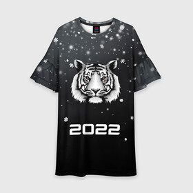 Детское платье 3D с принтом Новогодний тигр символ 2022. в Екатеринбурге, 100% полиэстер | прямой силуэт, чуть расширенный к низу. Круглая горловина, на рукавах — воланы | Тематика изображения на принте: 2022 | merry christmas | год тигра | зима близко | нг | новогодний | новогодний тигр | новогодняя символика | новый год | новый год 2022 | рождество | символ 2022 года | снег | снежинки | тигр