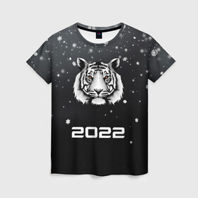 Женская футболка 3D с принтом Новогодний тигр символ 2022. в Екатеринбурге, 100% полиэфир ( синтетическое хлопкоподобное полотно) | прямой крой, круглый вырез горловины, длина до линии бедер | 2022 | merry christmas | год тигра | зима близко | нг | новогодний | новогодний тигр | новогодняя символика | новый год | новый год 2022 | рождество | символ 2022 года | снег | снежинки | тигр