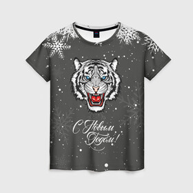 Женская футболка 3D с принтом Зима близко символ 2022 года. в Екатеринбурге, 100% полиэфир ( синтетическое хлопкоподобное полотно) | прямой крой, круглый вырез горловины, длина до линии бедер | 2022 | merry christmas | год тигра | зима близко | нг | новогодний | новогодний тигр | новогодняя символика | новый год | новый год 2022 | рождество | символ 2022 года | снег | снежинки | тигр