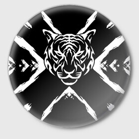 Значок с принтом Tiger Black & White Черно-белый Тигр в Екатеринбурге,  металл | круглая форма, металлическая застежка в виде булавки | Тематика изображения на принте: cat | tiger | год тигра | зверь | кошка | символ года | тигр | хищник