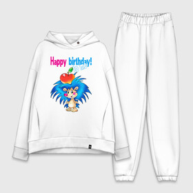 Женский костюм хлопок Oversize с принтом Happy Birthday to me! в Екатеринбурге,  |  | Тематика изображения на принте: cute hedgehog | happy birthday to me | hedgehog | holds an apple | on his head | small | stand | держит яблоко | ёж | маленький | милый ёжик | на голове | с днем рождения меня | стойт