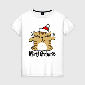 Женская футболка хлопок с принтом Merry Christmas квадратный кот в Екатеринбурге, 100% хлопок | прямой крой, круглый вырез горловины, длина до линии бедер, слегка спущенное плечо | kitten | merry christmas | red cap | santa claus | sitting | square | tabby cat | квадратный | котёнок | красный колпак | полосатый кот | санта клауса | сидит | счастливого рождества
