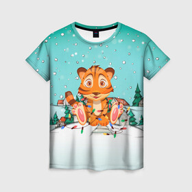 Женская футболка 3D с принтом Тигренок запутался в гирляндах в Екатеринбурге, 100% полиэфир ( синтетическое хлопкоподобное полотно) | прямой крой, круглый вырез горловины, длина до линии бедер | 2022 | год тигра | новый год | новый год 2022 | символ года | тигр | тигренок | тигрица | тигры