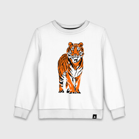 Детский свитшот хлопок с принтом Тигр в джунглях в Екатеринбурге, 100% хлопок | круглый вырез горловины, эластичные манжеты, пояс и воротник | 2022 | big cat | happy new year | jungle | palms | predator | tiger | year of the tiger | большая кошка | год тигра | джунгли | пальмы | с новым годом | тигр | хищник