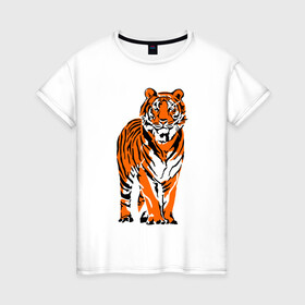 Женская футболка хлопок с принтом Тигр в джунглях в Екатеринбурге, 100% хлопок | прямой крой, круглый вырез горловины, длина до линии бедер, слегка спущенное плечо | 2022 | big cat | happy new year | jungle | palms | predator | tiger | year of the tiger | большая кошка | год тигра | джунгли | пальмы | с новым годом | тигр | хищник