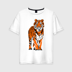 Женская футболка хлопок Oversize с принтом Тигр в джунглях в Екатеринбурге, 100% хлопок | свободный крой, круглый ворот, спущенный рукав, длина до линии бедер
 | 2022 | big cat | happy new year | jungle | palms | predator | tiger | year of the tiger | большая кошка | год тигра | джунгли | пальмы | с новым годом | тигр | хищник