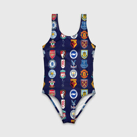 Детский купальник 3D с принтом АПЛ Английская Премьер Лига логотипы в Екатеринбурге, Полиэстер 85%, Спандекс 15% | Слитный крой, подклад по переду изделия, узкие бретели | английская | апл | значки | клубы | команды | лого | логотипы | премьер лига