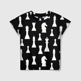 Детская футболка 3D с принтом Белые шахматные фигуры в Екатеринбурге, 100% гипоаллергенный полиэфир | прямой крой, круглый вырез горловины, длина до линии бедер, чуть спущенное плечо, ткань немного тянется | Тематика изображения на принте: checkmate | chess | chess board | chess game | chess pieces | chess player | chessboard | gambit | game | king | pawn | queen | гамбит | игра | король | мат | партия | ферзь | фигуры | шахматист | шахматы