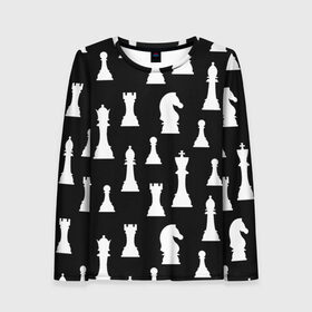Женский лонгслив 3D с принтом Белые шахматные фигуры в Екатеринбурге, 100% полиэстер | длинные рукава, круглый вырез горловины, полуприлегающий силуэт | Тематика изображения на принте: checkmate | chess | chess board | chess game | chess pieces | chess player | chessboard | gambit | game | king | pawn | queen | гамбит | игра | король | мат | партия | ферзь | фигуры | шахматист | шахматы