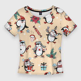 Женская футболка 3D Slim с принтом Пингвины новогодние в Екатеринбурге,  |  | 2021 | 2022 | christmas | merry | merry christmas | new year | snow | sweater | ugly christmas | winter | зима | новогодний | новогодняя | новый год | пингвин | пингвины | рождественский | рождественский свитер | рождество | свитер | снег