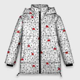 Женская зимняя куртка Oversize с принтом Белые медведи на Рождество в Екатеринбурге, верх — 100% полиэстер; подкладка — 100% полиэстер; утеплитель — 100% полиэстер | длина ниже бедра, силуэт Оверсайз. Есть воротник-стойка, отстегивающийся капюшон и ветрозащитная планка. 

Боковые карманы с листочкой на кнопках и внутренний карман на молнии | caps | christmas | new year | polar bears | red hats | santa claus | santas | белые медведи | деды морозы | колпаки | красные шапки | новый год | рождество | санта клаусы