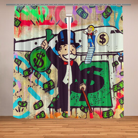 Фотошторы с принтом Alec Monopoly ART в Екатеринбурге, Блэкаут (светозащита 90%) / Габардин (светозащита 40% | 2 полотна шириной по 145 см; Высота 200-300 см; Крепление: шторная лента (на крючки); | алек монополи арт | баксы | бернарде мейдоффе | граффити | доллары | личный самолет | мужчина с усами | уличное искусство | художник алек