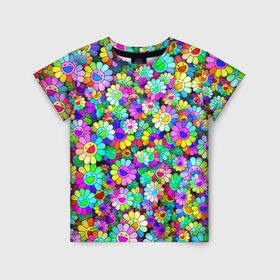 Детская футболка 3D с принтом Rainbow flowers в Екатеринбурге, 100% гипоаллергенный полиэфир | прямой крой, круглый вырез горловины, длина до линии бедер, чуть спущенное плечо, ткань немного тянется | takashi murakami | паттерн | радуга | смайл | такаси мураками | улыбка | цветы