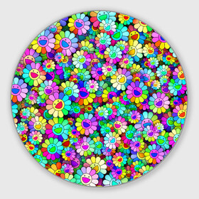 Круглый коврик для мышки с принтом Rainbow flowers в Екатеринбурге, резина и полиэстер | круглая форма, изображение наносится на всю лицевую часть | Тематика изображения на принте: takashi murakami | паттерн | радуга | смайл | такаси мураками | улыбка | цветы