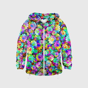 Детская ветровка 3D с принтом Rainbow flowers в Екатеринбурге, 100% полиэстер | подол и капюшон оформлены резинкой с фиксаторами, по бокам два кармана без застежек, один потайной карман на груди | Тематика изображения на принте: takashi murakami | паттерн | радуга | смайл | такаси мураками | улыбка | цветы