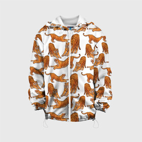 Детская куртка 3D с принтом Тигровые потягушки паттерн белый в Екатеринбурге, 100% полиэстер | застежка — молния, подол и капюшон оформлены резинкой с фиксаторами, по бокам — два кармана без застежек, один потайной карман на груди, плотность верхнего слоя — 90 г/м2; плотность флисового подклада — 260 г/м2 | big cat | cats | tiger | год тигра | новый год | паттерн | тигр | тигры