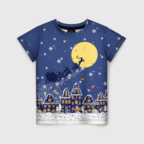 Детская футболка 3D с принтом Санта Клаус на оленях в небе в Екатеринбурге, 100% гипоаллергенный полиэфир | прямой крой, круглый вырез горловины, длина до линии бедер, чуть спущенное плечо, ткань немного тянется | Тематика изображения на принте: big moon | christmas | city | fly | houses | in the night sky | light in the windows | new year | reindeer | santa claus | большая луна | в ночном небе | город | дома | летят | новый год | олени | рождество | санта клаус