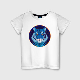 Детская футболка хлопок с принтом Голубой водяной тигр символ 2022 года в Екатеринбурге, 100% хлопок | круглый вырез горловины, полуприлегающий силуэт, длина до линии бедер | Тематика изображения на принте: 2022 | водяной | год | гороскоп | китайский | символ | талисман | тигр