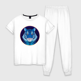 Женская пижама хлопок с принтом Голубой водяной тигр символ 2022 года в Екатеринбурге, 100% хлопок | брюки и футболка прямого кроя, без карманов, на брюках мягкая резинка на поясе и по низу штанин | Тематика изображения на принте: 2022 | водяной | год | гороскоп | китайский | символ | талисман | тигр