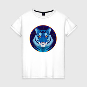 Женская футболка хлопок с принтом Голубой водяной тигр символ 2022 года в Екатеринбурге, 100% хлопок | прямой крой, круглый вырез горловины, длина до линии бедер, слегка спущенное плечо | Тематика изображения на принте: 2022 | водяной | год | гороскоп | китайский | символ | талисман | тигр