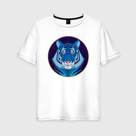 Женская футболка хлопок Oversize с принтом Голубой водяной тигр символ 2022 года в Екатеринбурге, 100% хлопок | свободный крой, круглый ворот, спущенный рукав, длина до линии бедер
 | Тематика изображения на принте: 2022 | водяной | год | гороскоп | китайский | символ | талисман | тигр