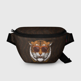 Поясная сумка 3D с принтом Крутой тигр в очках с цепью в Екатеринбурге, 100% полиэстер | плотная ткань, ремень с регулируемой длиной, внутри несколько карманов для мелочей, основное отделение и карман с обратной стороны сумки застегиваются на молнию | furry | tiger | восточный тигр | год тигра | голова | кошка | тигр | тигренок | фурри | хищник